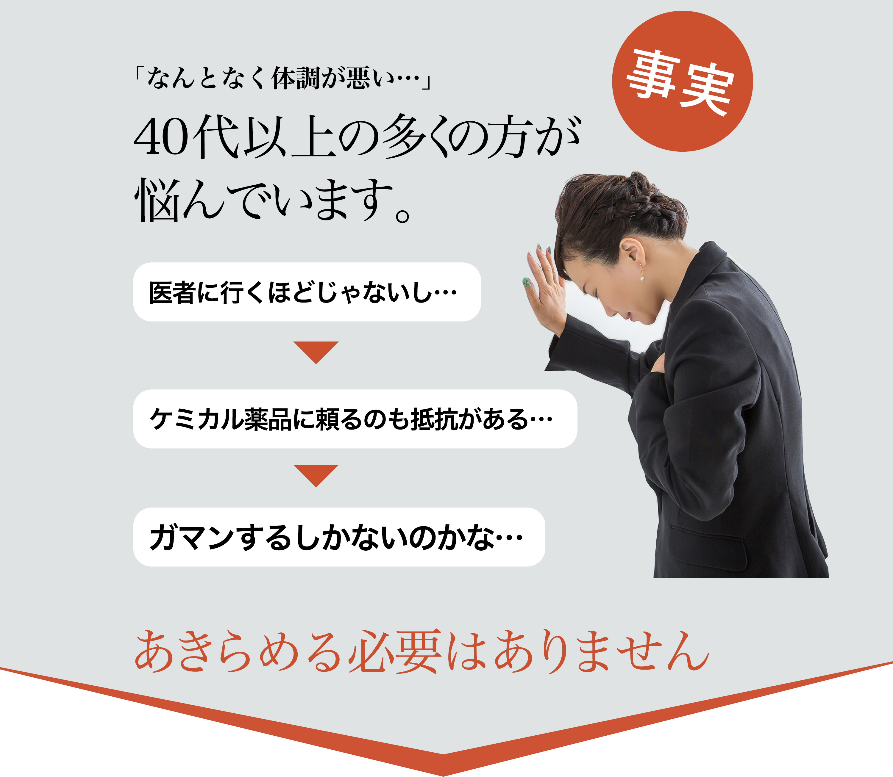 「なんとなく体調が悪い・・」40代以上の多くの方が悩んでいます。医者に行くほどじゃないし→ケミカル薬品に頼るのも抵抗がある→ガマンするしかないんのかな→あきらめる必要はありません